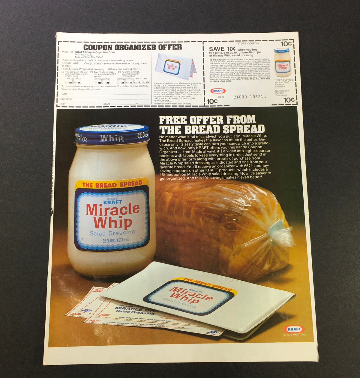 Kraft Miracle Whip vintage advertisement showcasing a coupon organizer offer, highlighting a free offer from the bread spread.