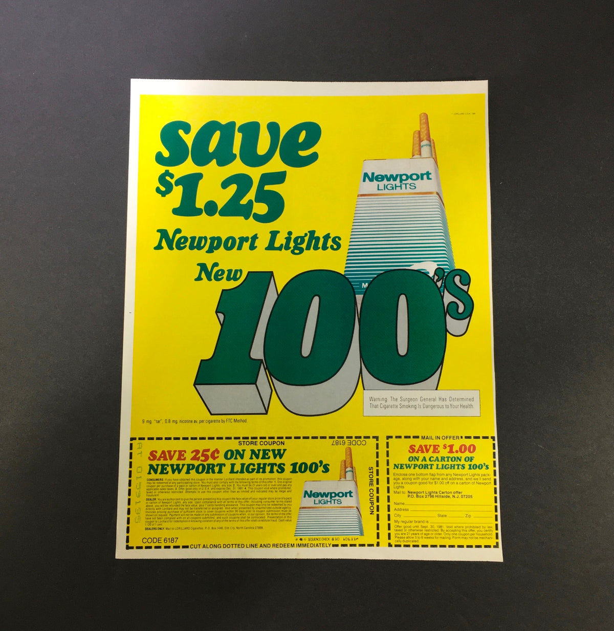 VTG 1980 Newport Lights New 100's Menthol & Regular Cigarettes Print Ad showing a coupon for saving $1.25 on Newport Lights 100s, featuring vibrant yellow background and promotional offer details.