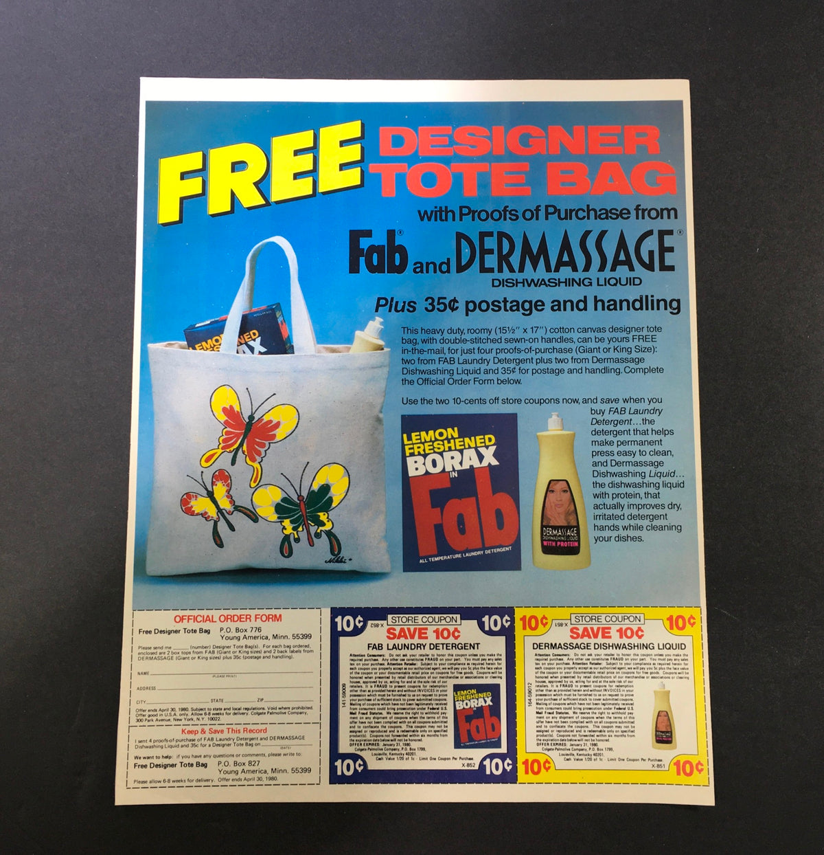 VTG 1980 Fab & Dermassage Dish-washing Liquid advertisement featuring a free designer tote bag offer, showcasing a colorful tote with a butterfly design, includes product details.
