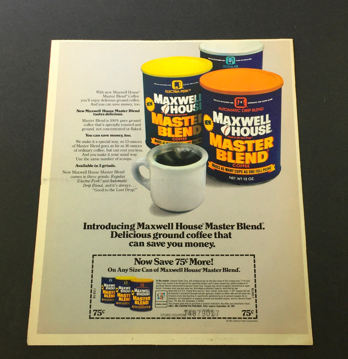 VTG Retro 1981 Maxwell House Master Blend Coffee Print Ad Coupon featuring colorful coffee canisters and a cup of coffee. The advertisement highlights savings on Maxwell House Master Blend coffee.