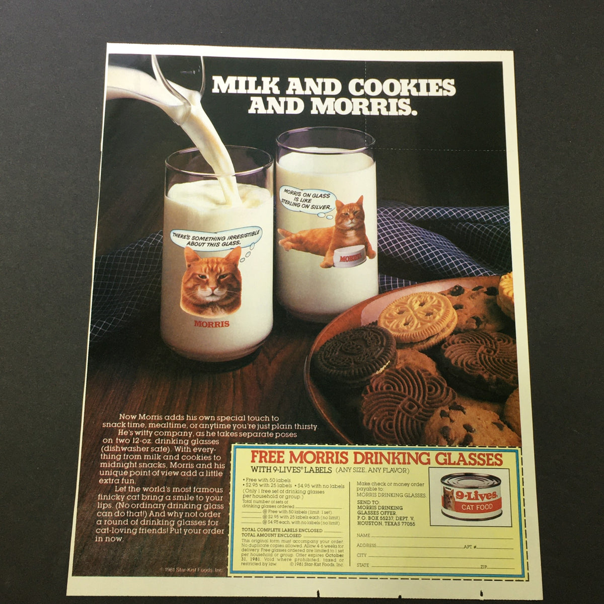 VTG Retro 1981 Star-Kist Food 9-Lives Cat Food FREE Morris Drinking Glass Coupon featuring two glasses of milk with cat images and cookies in the foreground.