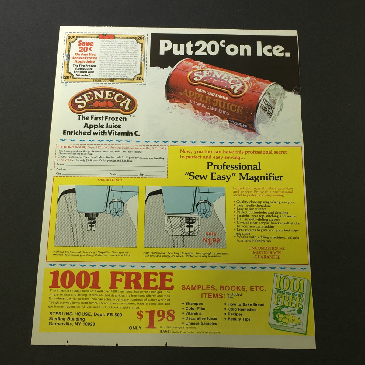 VTG Retro 1981 Star-Kist Food 9-Lives Cat Food FREE Morris Drinking Glass Coupon displaying a vintage advertisement for Seneca Apple Juice with a price tag.