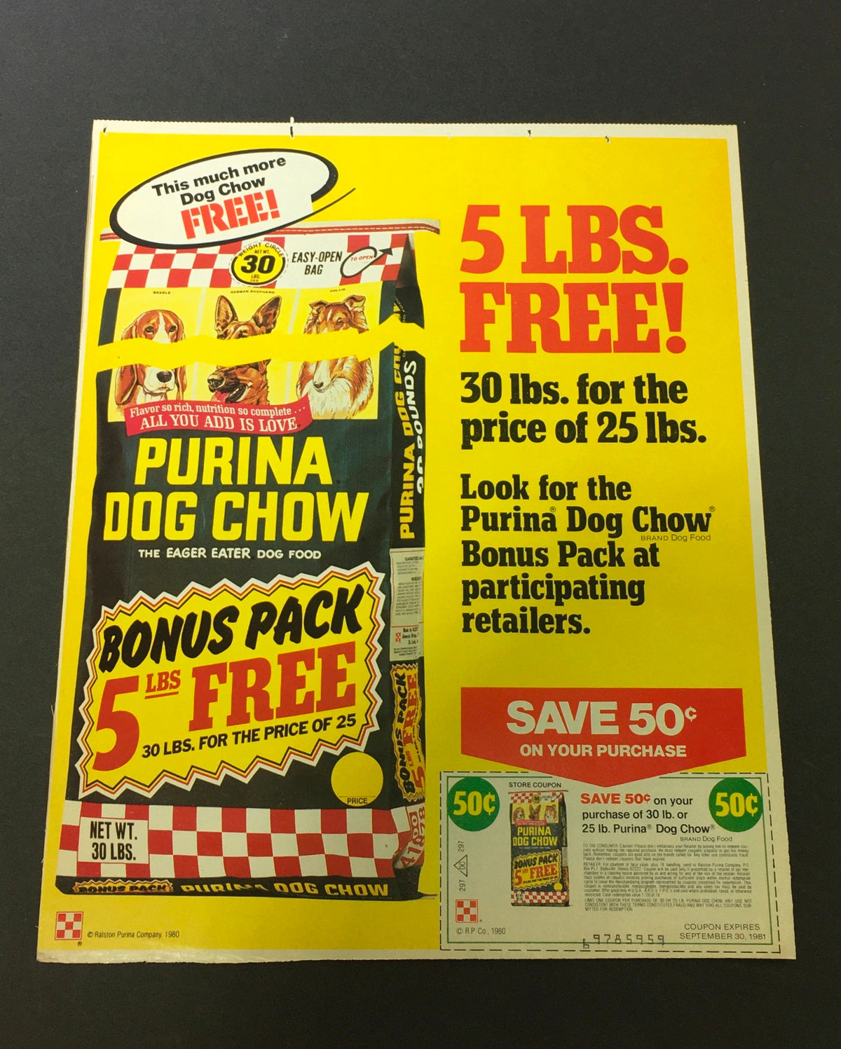 VTG 1981 Purina Dog Chow The Eager Eater Dog Food print advertisement showcasing a coupon for 5 lbs. free, featuring colorful graphics and product details, ideal for collectors and vintage ad enthusiasts.