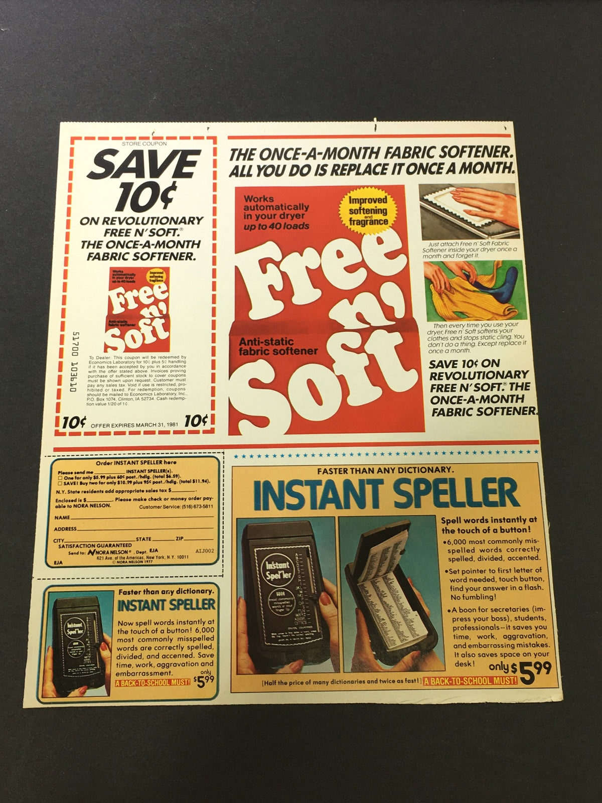 Vintage advertisement for Free n' Soft fabric softener featuring bold text and promotional offers. Part of the VTG 1981 Purina Dog Chow The Eager Eater Dog Food FREE 5 LBS. Print Ad Coupon collection.