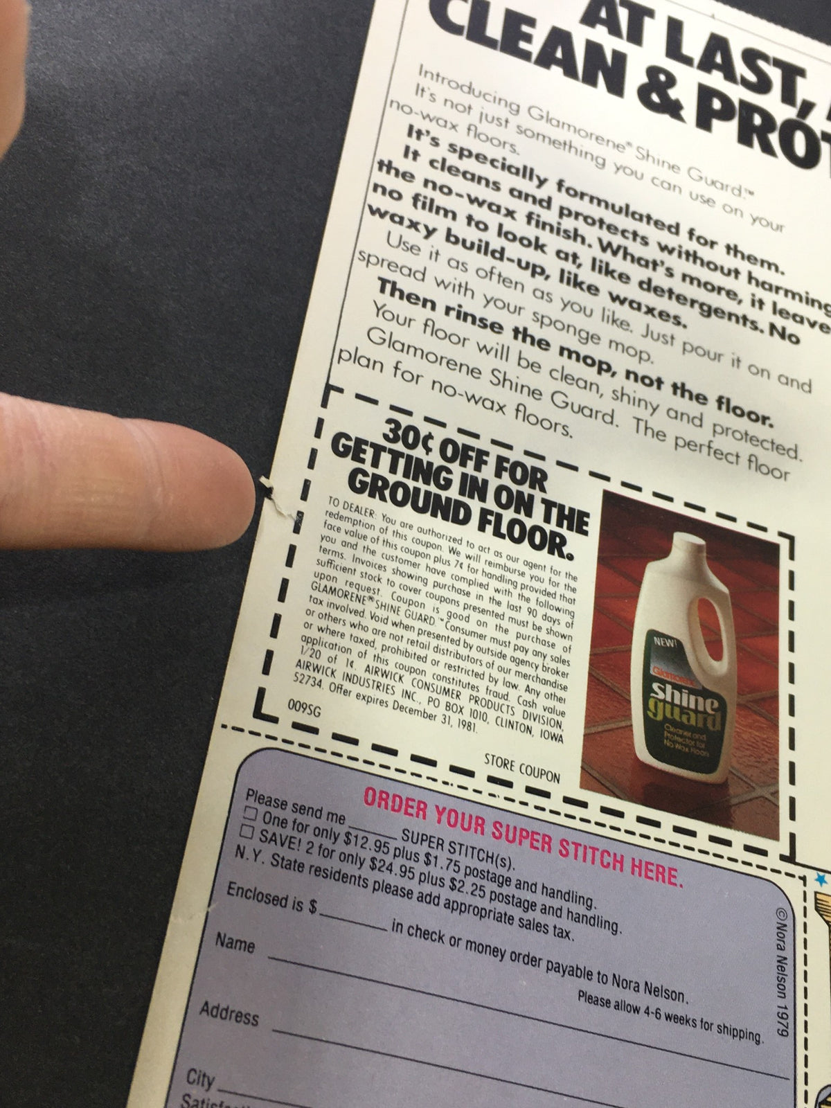 Close-up of the vintage Glamorene Shine Guard advertisement, showing details about the product and the $0.30 off coupon. VTG 1980 Hefty Kitchen Trash Bags and Ties Win $10,000 Instantly Print Ad Coupon.
