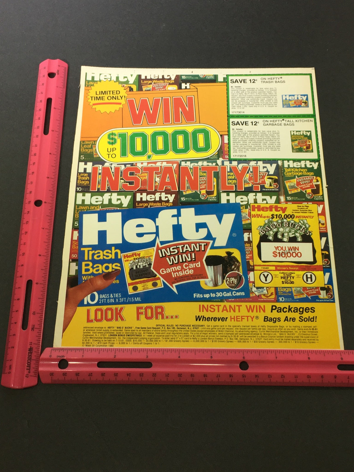 Bright and colorful vintage advertisement for Hefty Kitchen Trash Bags featuring an instant win promotion of up to $10,000. The ad includes bold graphics and offers coupons. VTG 1980 Hefty Kitchen Trash Bags and Ties Win $10,000 Instantly Print Ad Coupon.