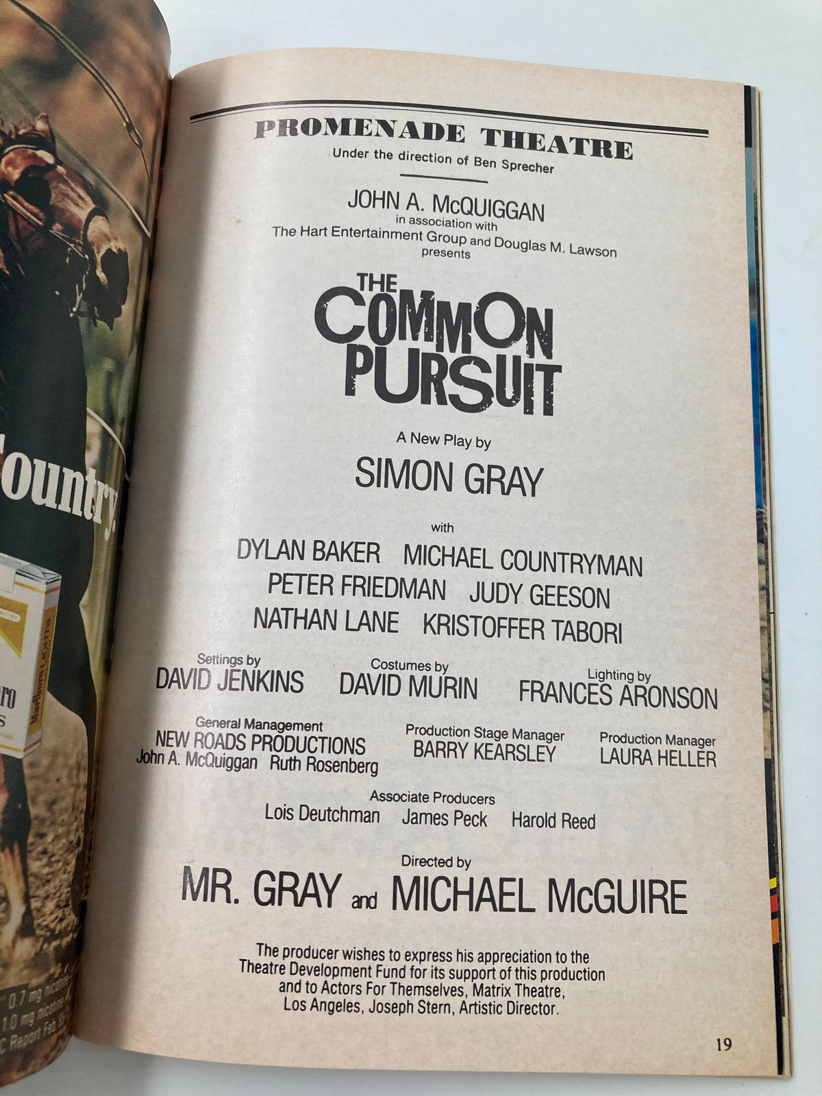 Cast listing for The Common Pursuit, a 1987 Playbill at Promenade Theatre, highlighting performances by Dylan Baker and Judy Geeson.