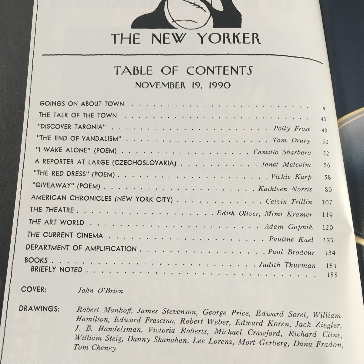 Table of contents from The New Yorker November 19, 1990, showcasing articles, poems, and features, with cover art credited to John O'Brien.