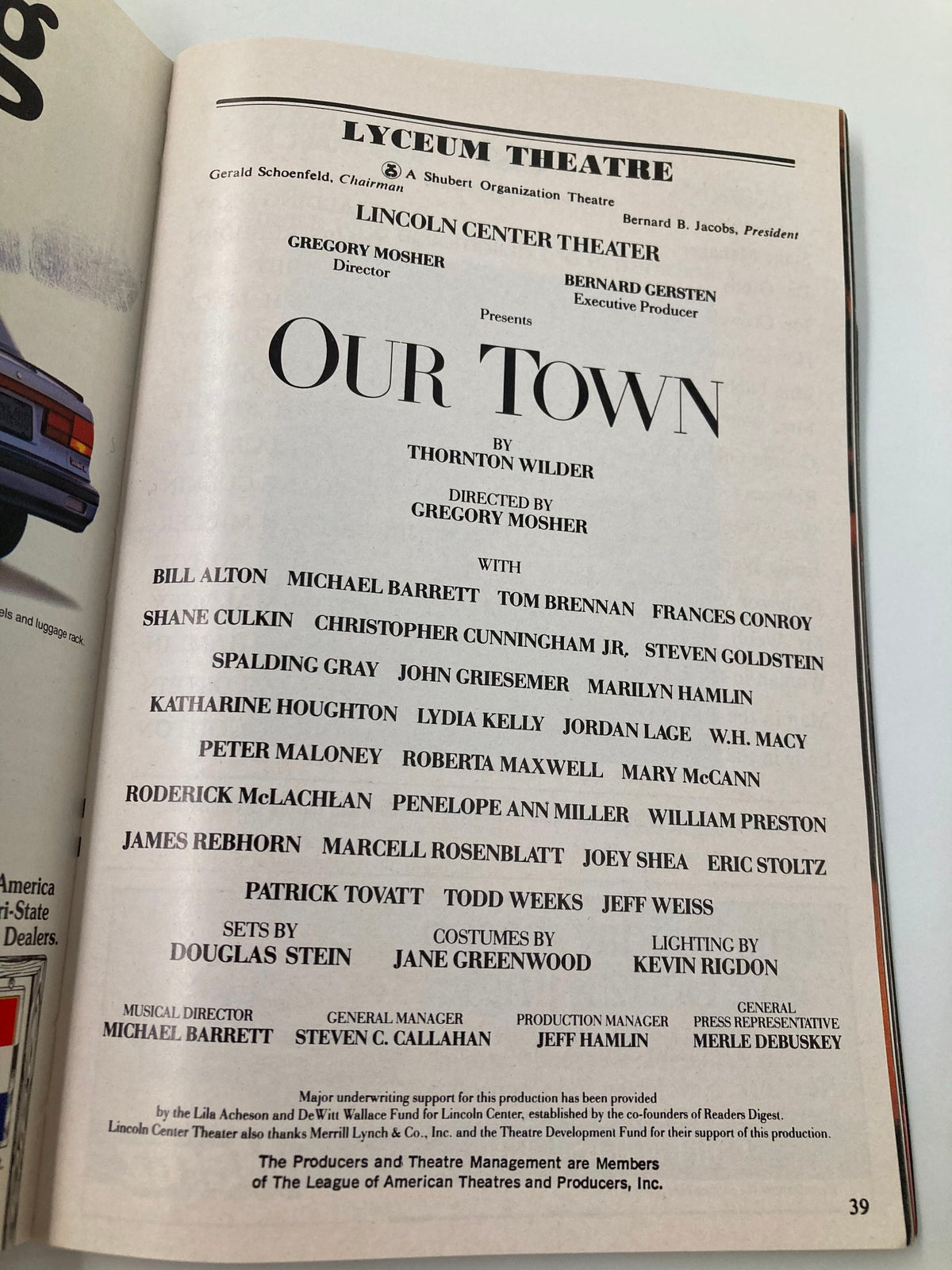 Page from the 1988 Playbill for the Lyceum Theatre production of Our Town listing the cast and creative team.