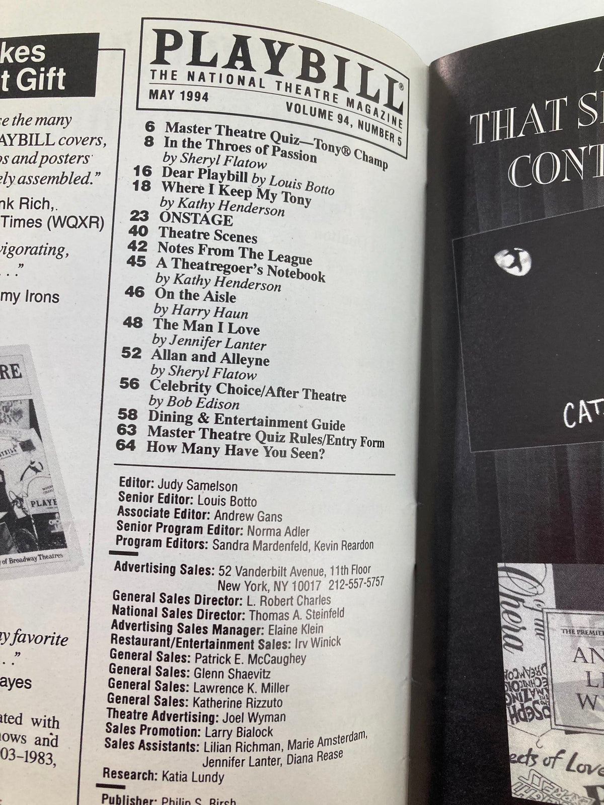 1994 Playbill Longacre Theatre featuring the National Theatre Magazine contents including production details for various shows.