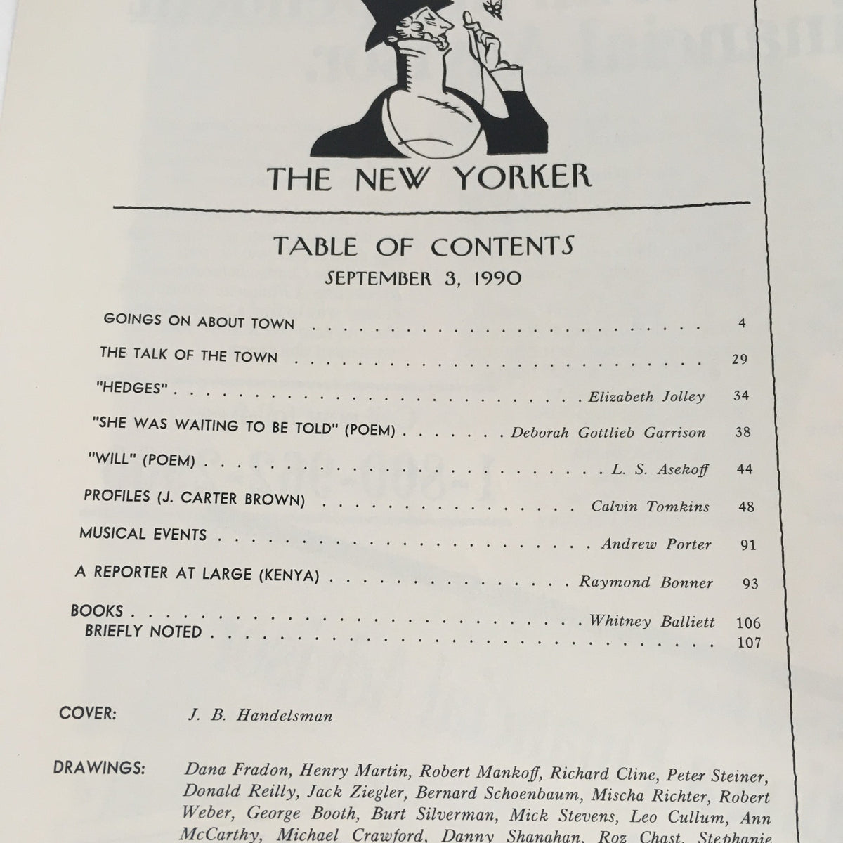 Table of contents page from The New Yorker September 3 1990 magazine, listing various articles and features along with the cover artist J.B. Handelsman.
