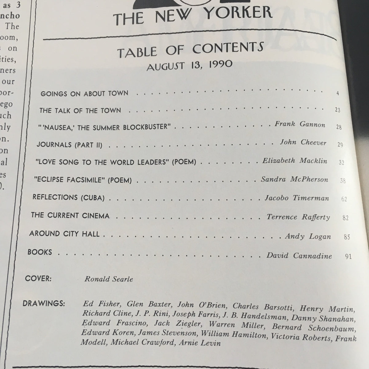 Table of contents from The New Yorker August 13 1990, featuring articles and sections, including cover by Ronald Searle.