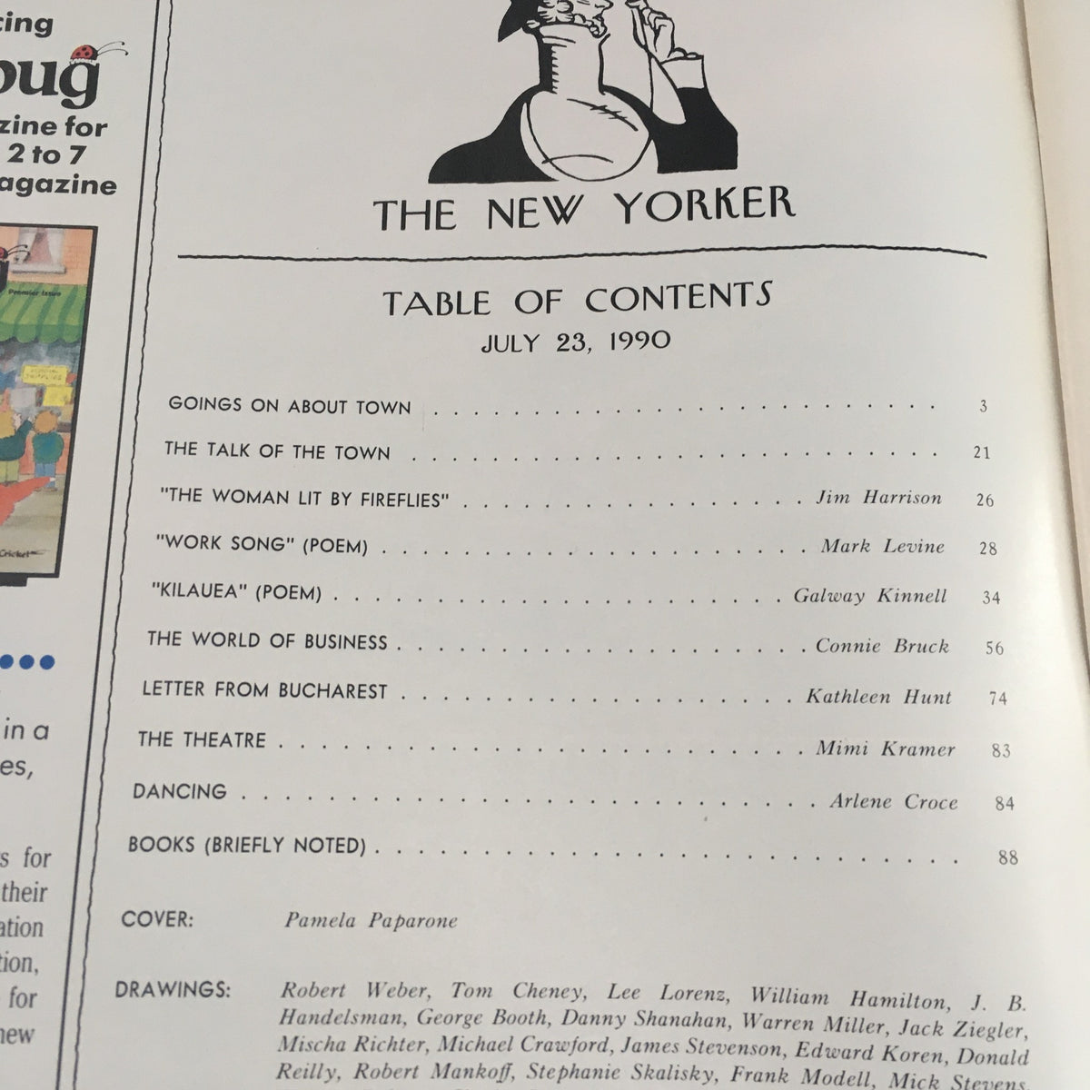 Table of contents page from The New Yorker July 23, 1990, detailing articles and features within the magazine, including the cover art by Pamela Paparone.
