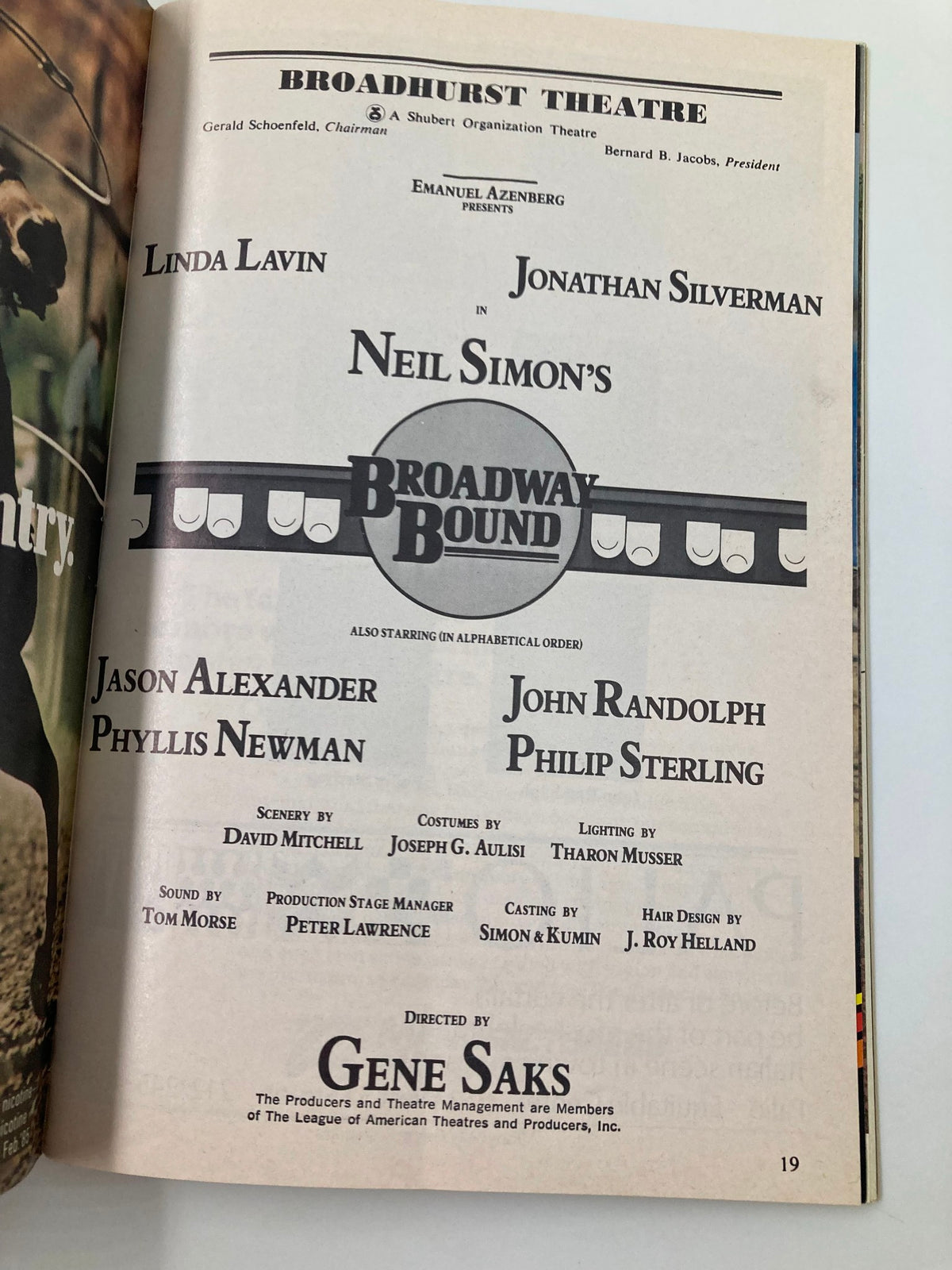 1986 Playbill for the Broadway production of Broadway Bound at Broadhurst Theatre featuring cast members Linda Lavin, Jonathan Silverman, and Jason Alexander, showcasing its theatrical credits and direction by Gene Saks.