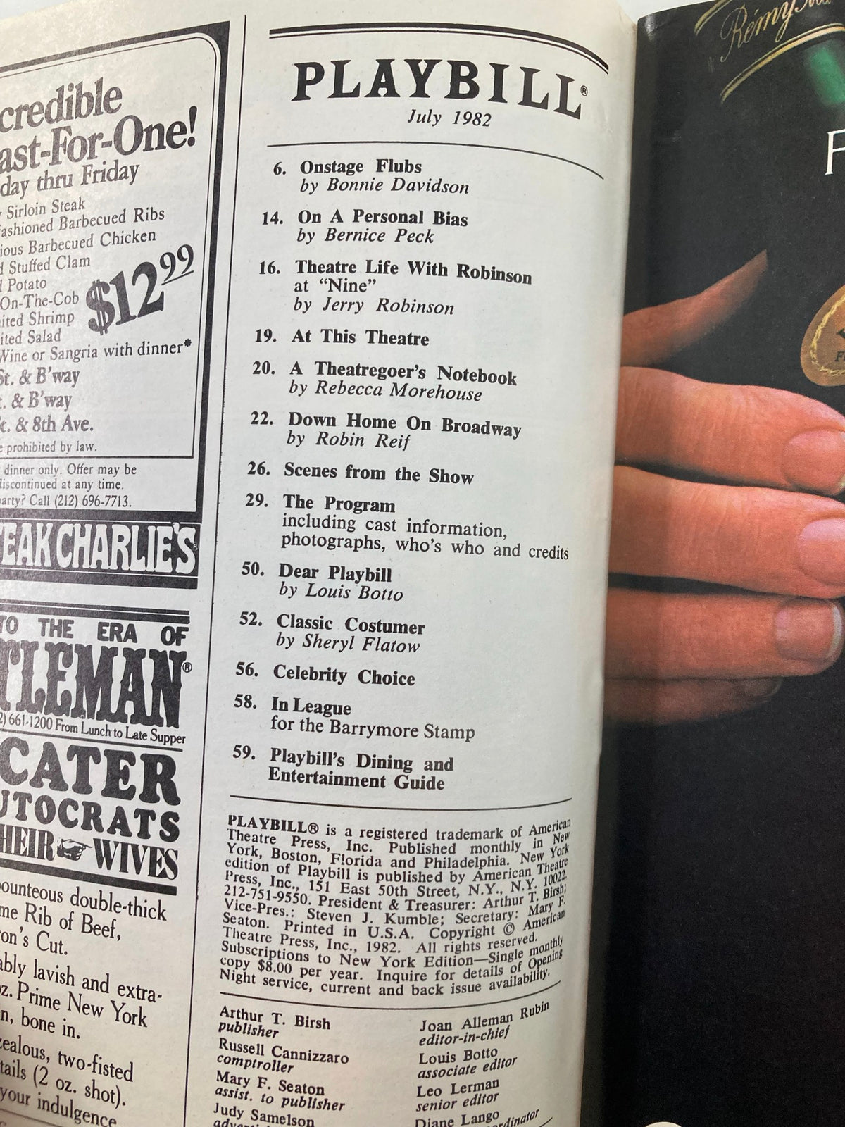 1982 Playbill for Agnes of God, showing the contents of the July issue with various theater-related articles and credits.