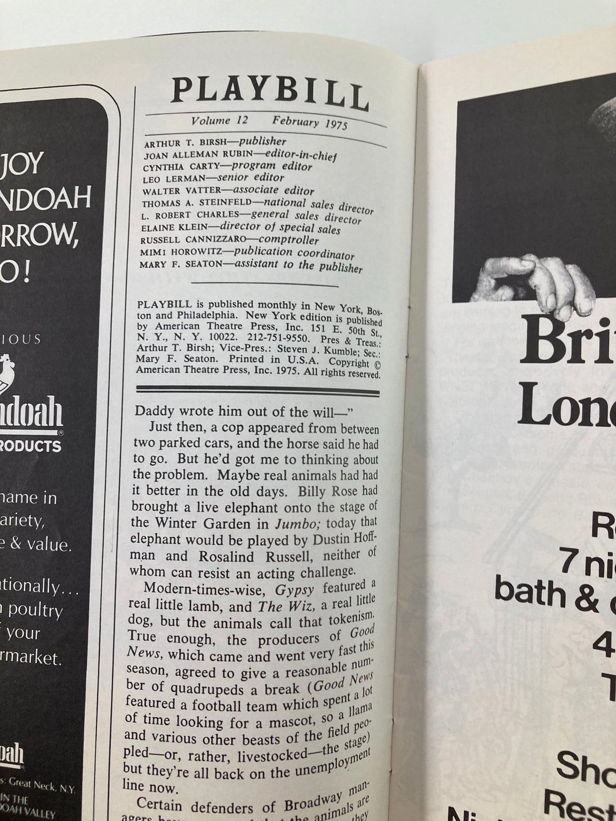 Interior page of the 1975 Playbill Broadhurst Theatre Sherlock Holmes, displaying publication details and credits for the production.