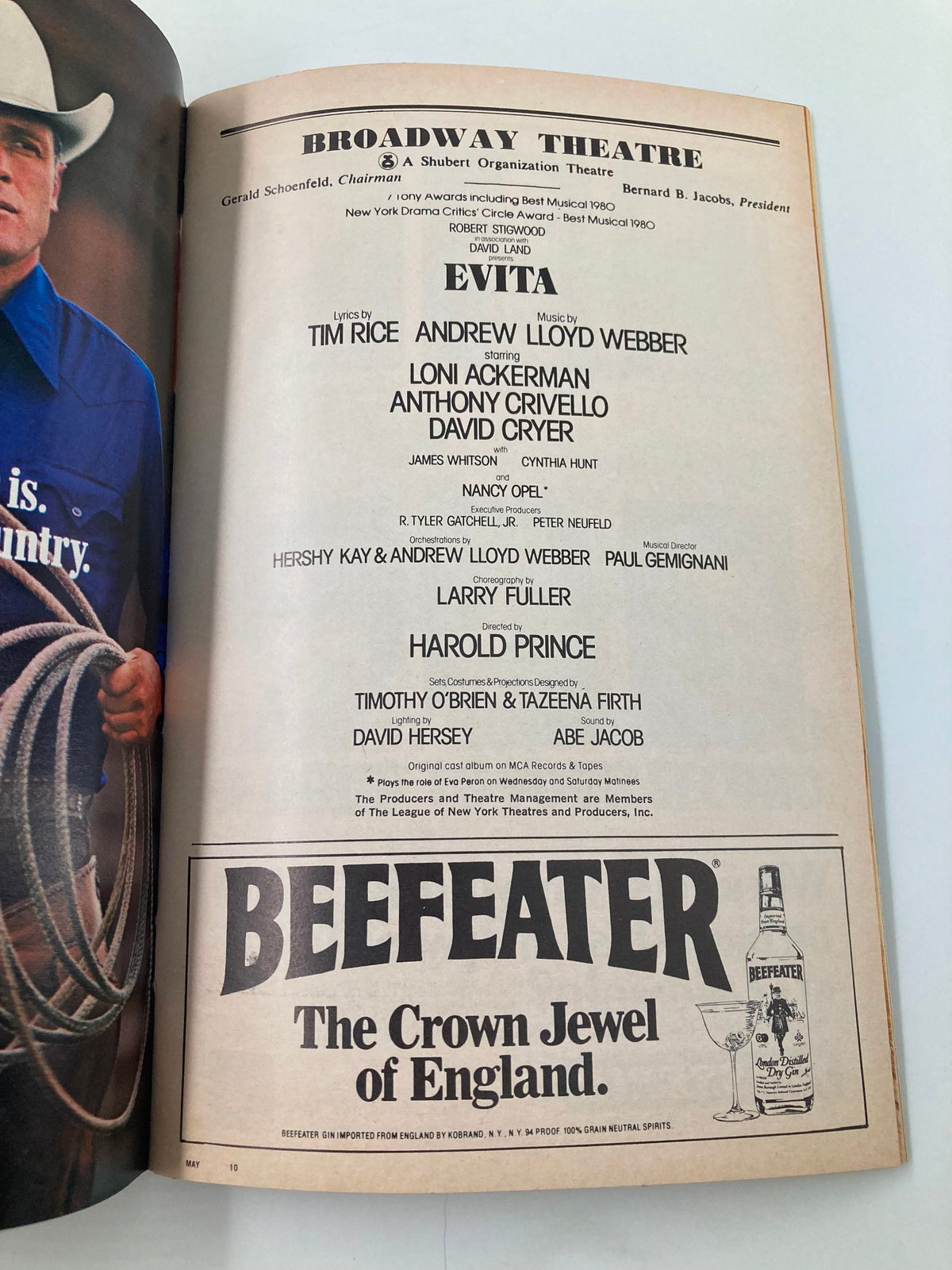Another inside page of the 1982 Playbill for Evita, detailing cast members like Loni Ackerman, Anthony Crivello, and David Cryer, along with advertisements.