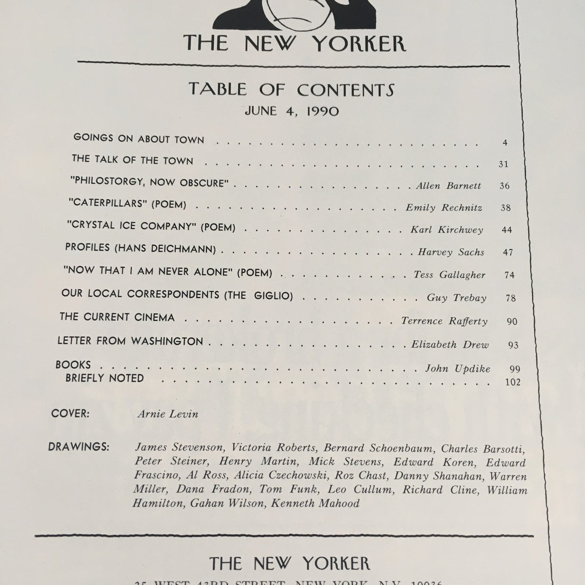 The New Yorker June 4 1990 Table of Contents page, detailing articles and contributors such as Arnie Levin and various writers, reflecting the magazine's rich content.