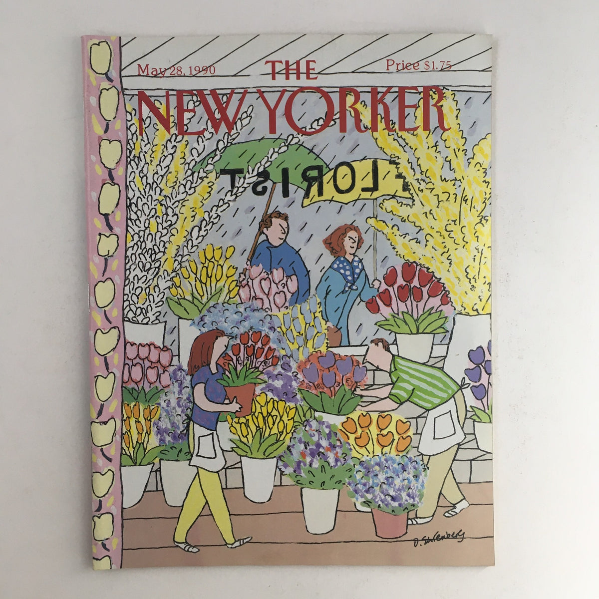 The New Yorker May 28 1990 Full Magazine Theme Cover by Devera Ehrenberg, featuring a vibrant floral market scene with people interacting and colorful flowers.