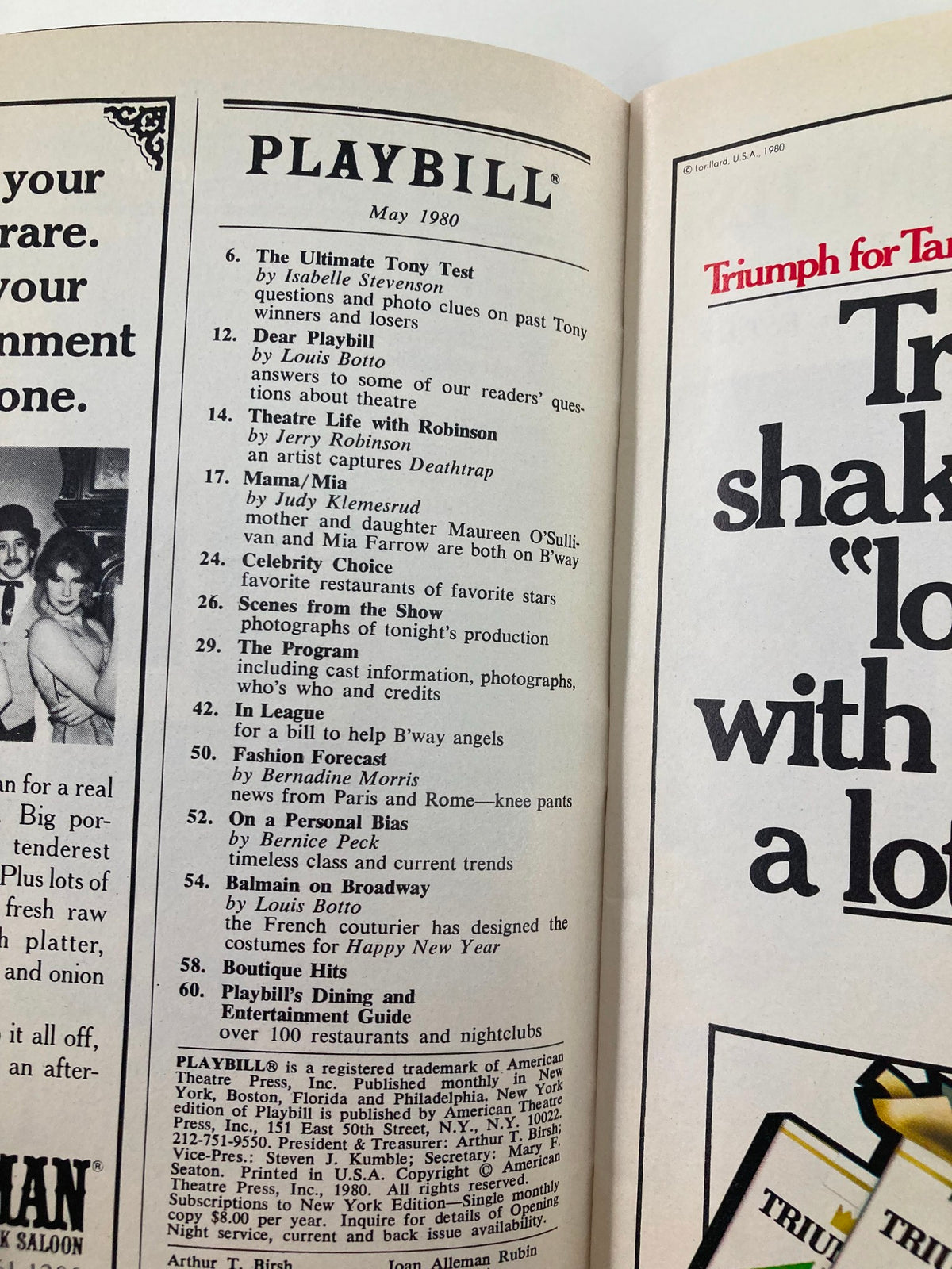 Inside page of the 1980 Playbill for Talley's Folly at Brooks Atkinson Theatre highlighting various articles and advertisements.