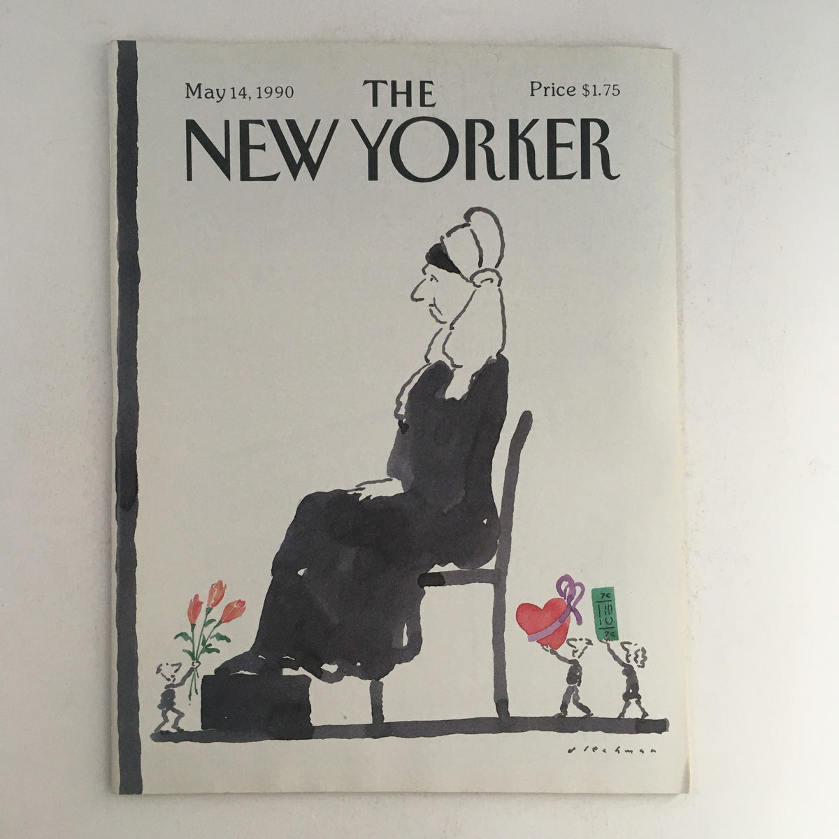 Cover of The New Yorker magazine from May 14, 1990, featuring a theme cover illustration by R.O. Blechman, showcasing a seated figure, flowers, and playful characters.