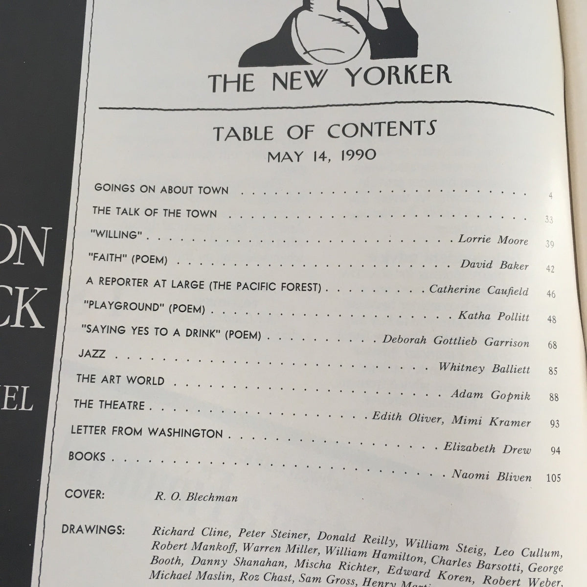 Table of contents from The New Yorker May 14 1990 Full Magazine Theme Cover by R.O. Blechman No Label, featuring articles and features including a talk of the town piece, poems, and highlights from various sections.