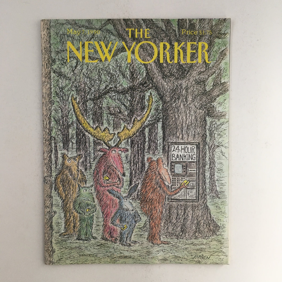 The New Yorker May 7 1990 Full Magazine cover by Edward Koren, featuring whimsical illustrations of animals in a forest around a bank machine, representing cultural history and humor.