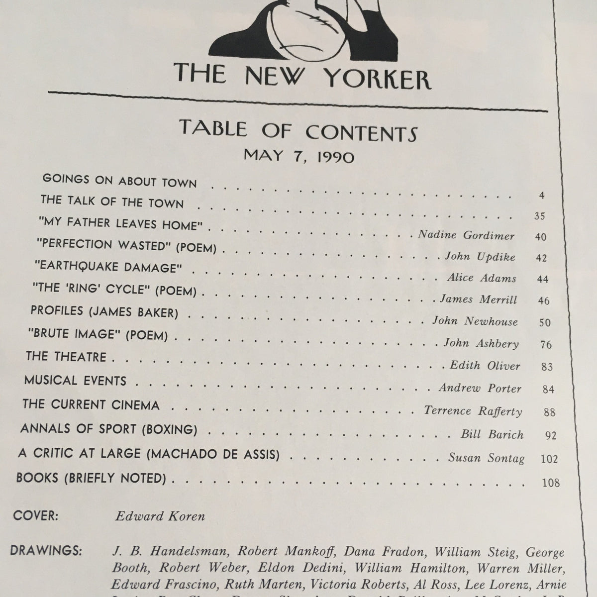 The New Yorker May 7 1990 Table of Contents showcasing various articles and poems, highlighting contributors and topics featured in the magazine's issue.