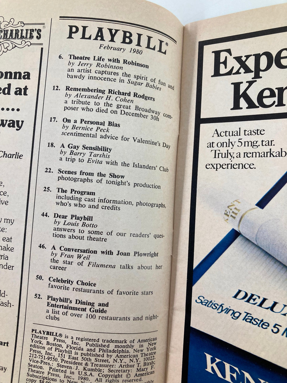 Interior page of the 1980 Playbill for 'They're Playing Our Song' displaying articles and features from February 1980.
