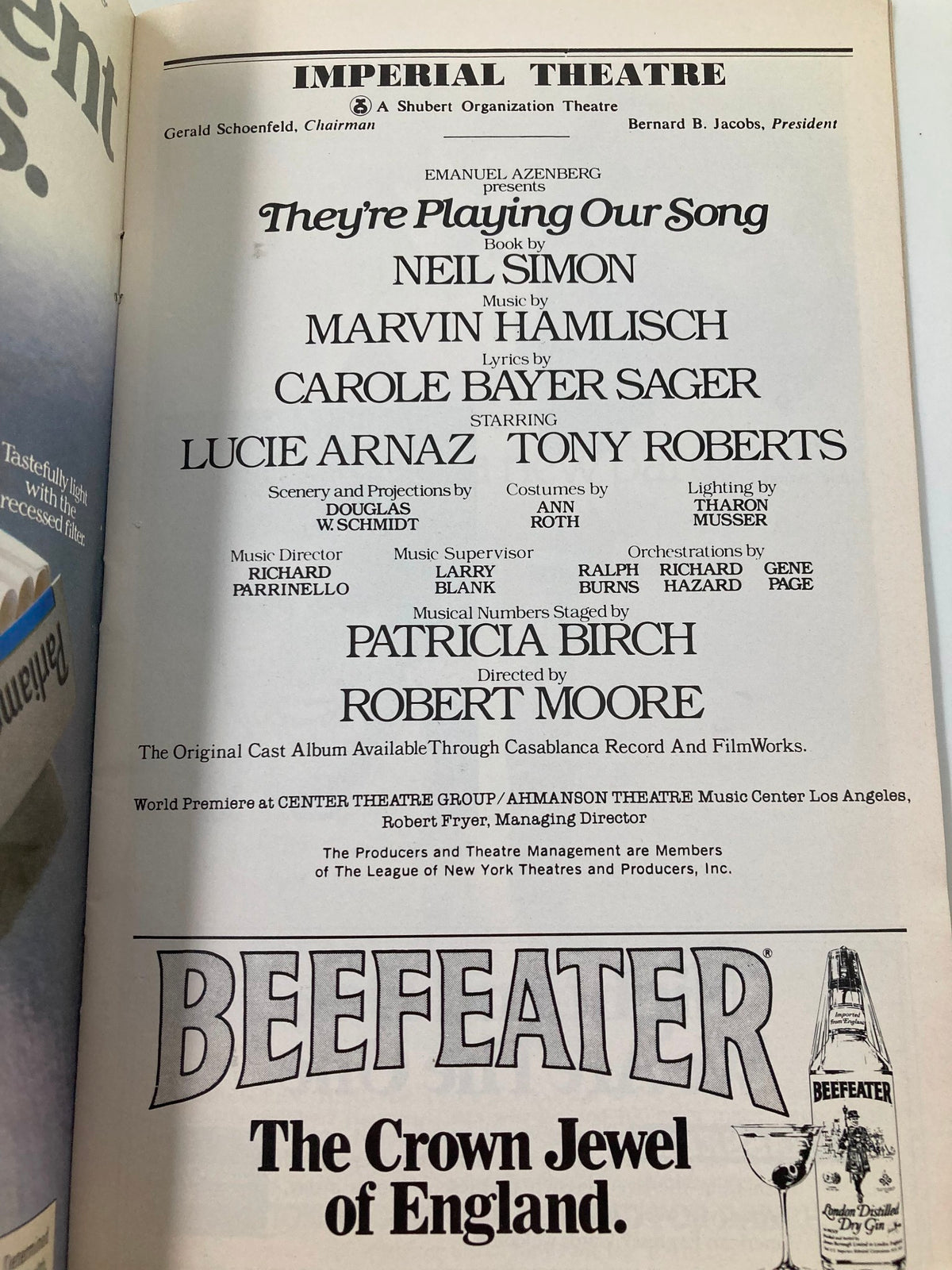 Information page of the 1980 Playbill for 'They're Playing Our Song' detailing cast and crew, presented at the Imperial Theatre.
