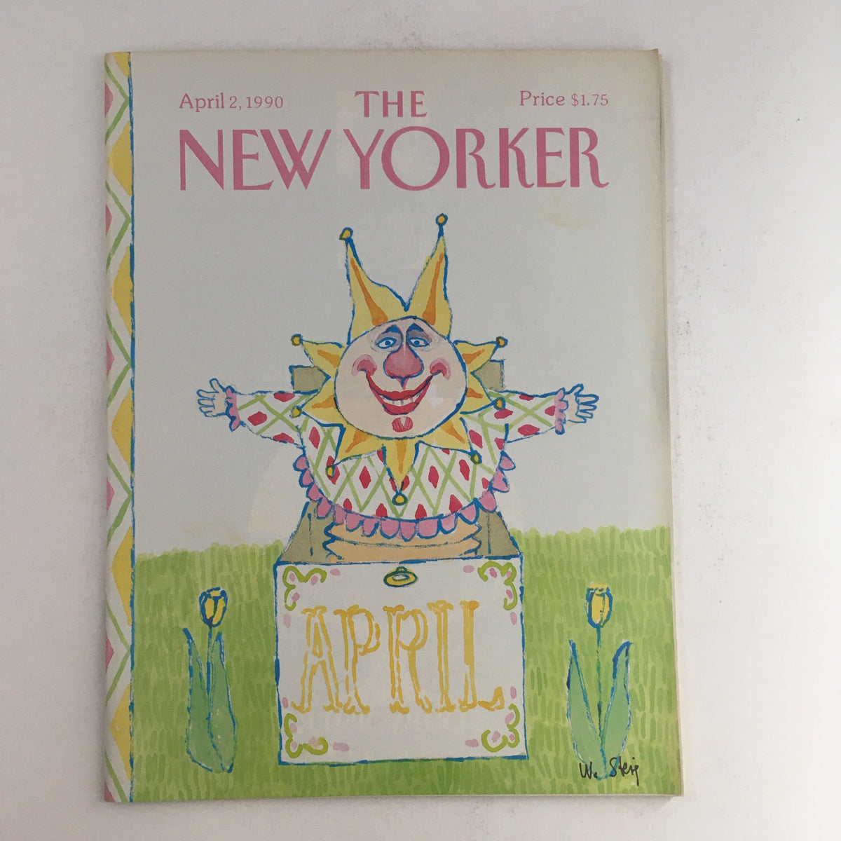 Cover of The New Yorker April 2, 1990 featuring a colorful illustration by William Steig, depicting a cheerful clown-like sun figure with a box labeled 'APRIL'.
