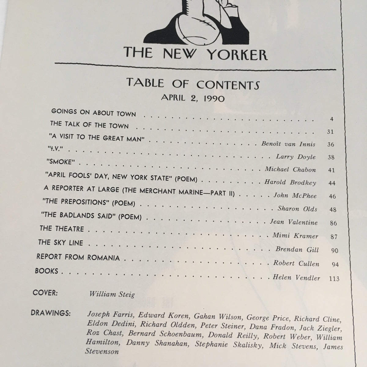 Table of Contents of The New Yorker April 2 1990 showcasing various articles and illustrations, including works by notable authors, with a cover design by William Steig.