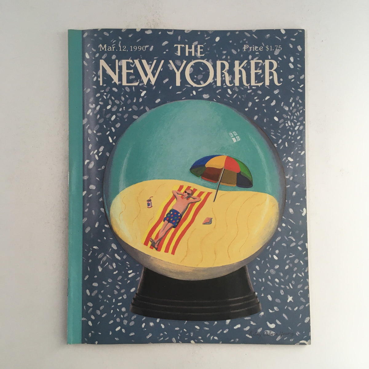 The New Yorker March 12, 1990 magazine cover featuring a colorful illustration of a beach scene with a sunbather and an umbrella by Kathy Osborn Young.