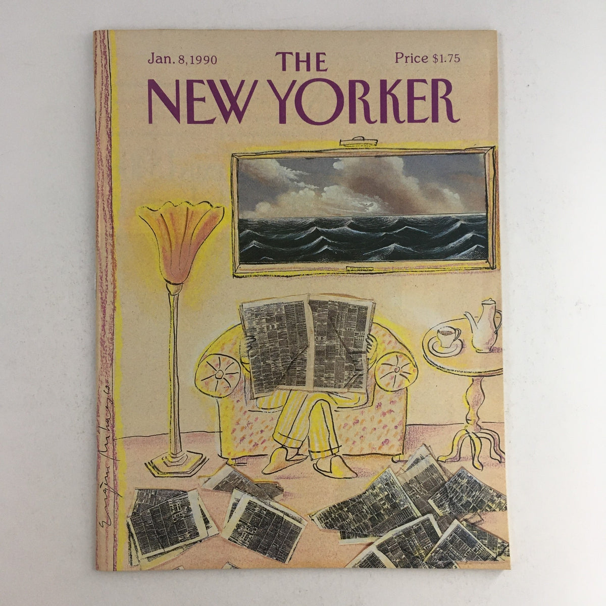 The New Yorker January 8 1990 Full Magazine Cover featuring a unique illustration by Eugène Mihaesco, showcasing a figure seated with a newspaper surrounded by scattered pages, a flower vase, and an ocean view painting.