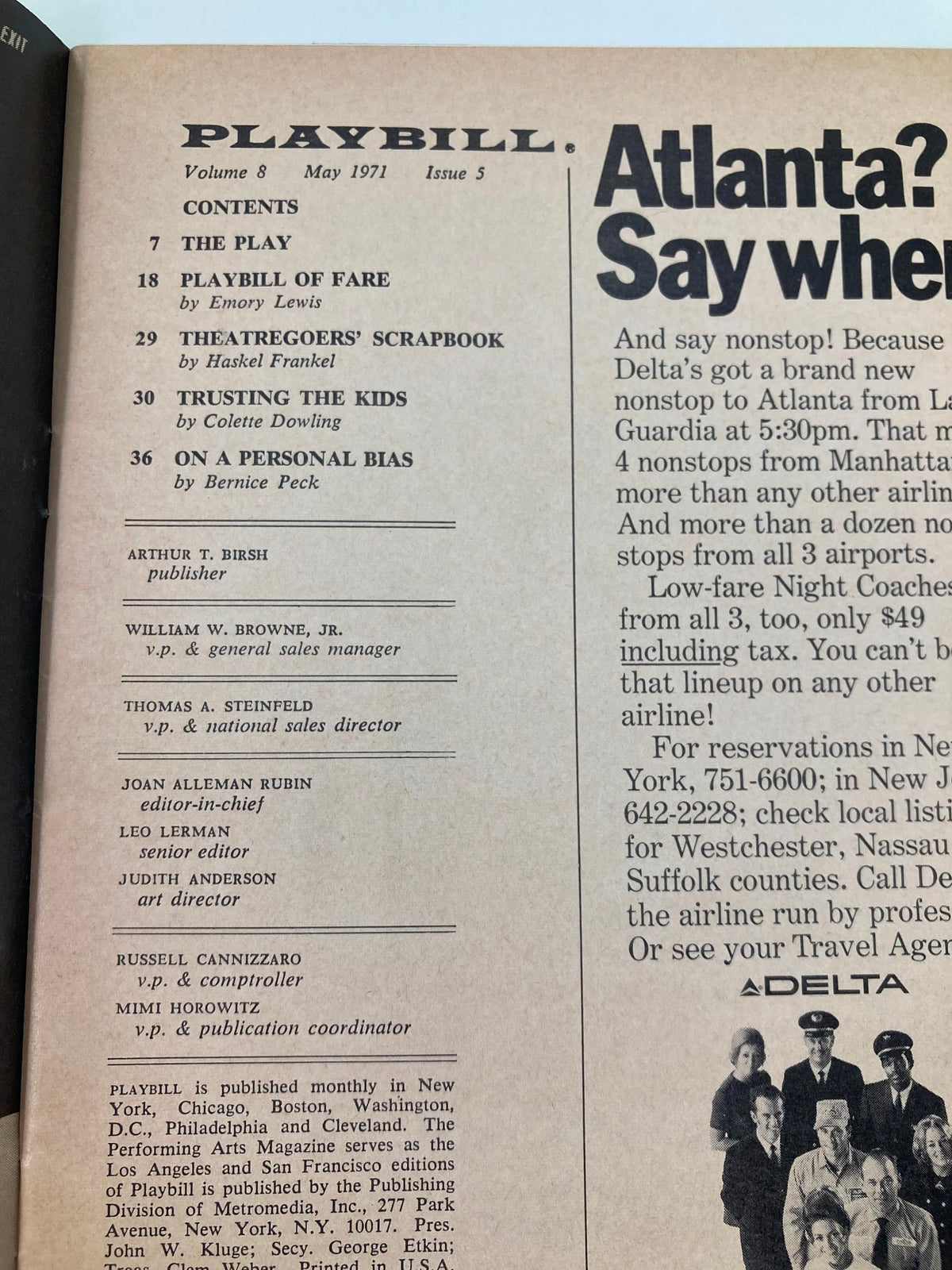 Interior page of the 1971 Playbill from the Forty-Sixth Street Theatre, showcasing the contents and notable figures involved in the production of 'No, No, Nanette.' Offers a glimpse into the theatrical world of the time.