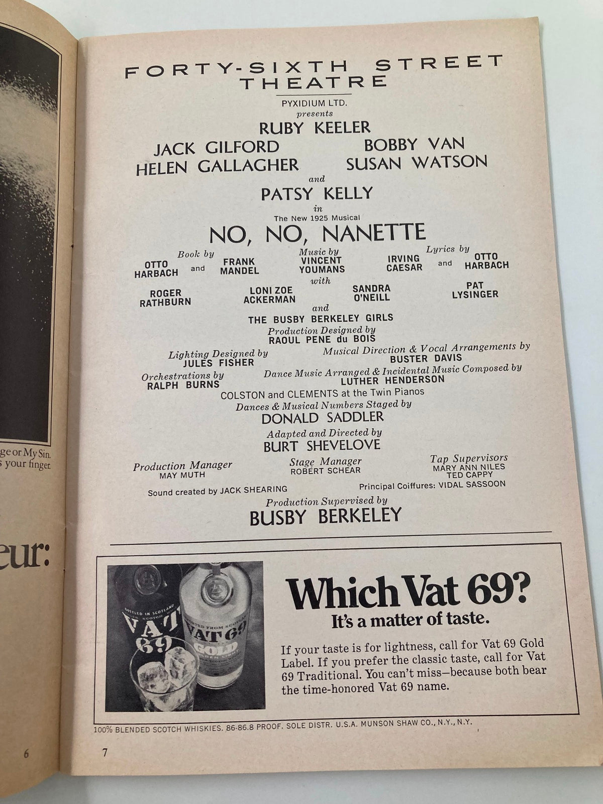 Page from the 1971 Playbill for the Forty-Sixth Street Theatre, listing the original cast of 'No, No, Nanette' including Ruby Keeler and Bobby Van, along with production details. A key piece of Broadway memorabilia.