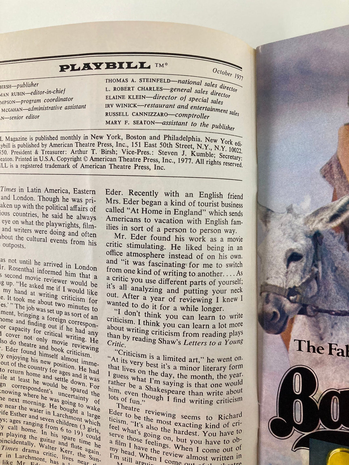 Inside page of the October 1977 Playbill featuring details about the play 'Otherwise Engaged' starring Dick Cavett and Jonathan Hogan, published by the Plymouth Theatre.