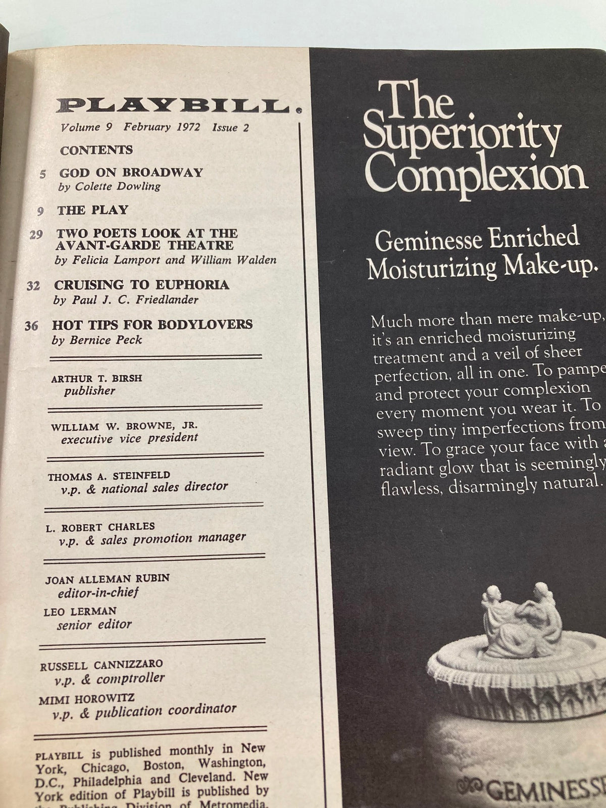 Inside page of the 1972 Playbill The Music Box Sleuth, displaying the table of contents and details about the featured articles.
