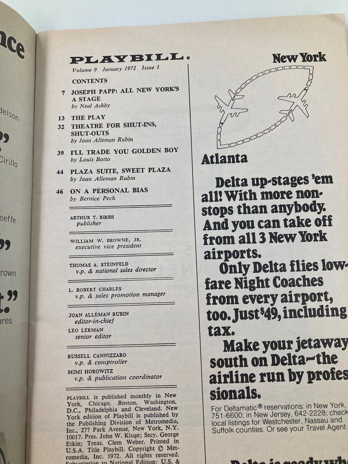 Contents page from the January 1972 Playbill for 'Fiddler on the Roof' showcasing articles and features related to Broadway theatre.