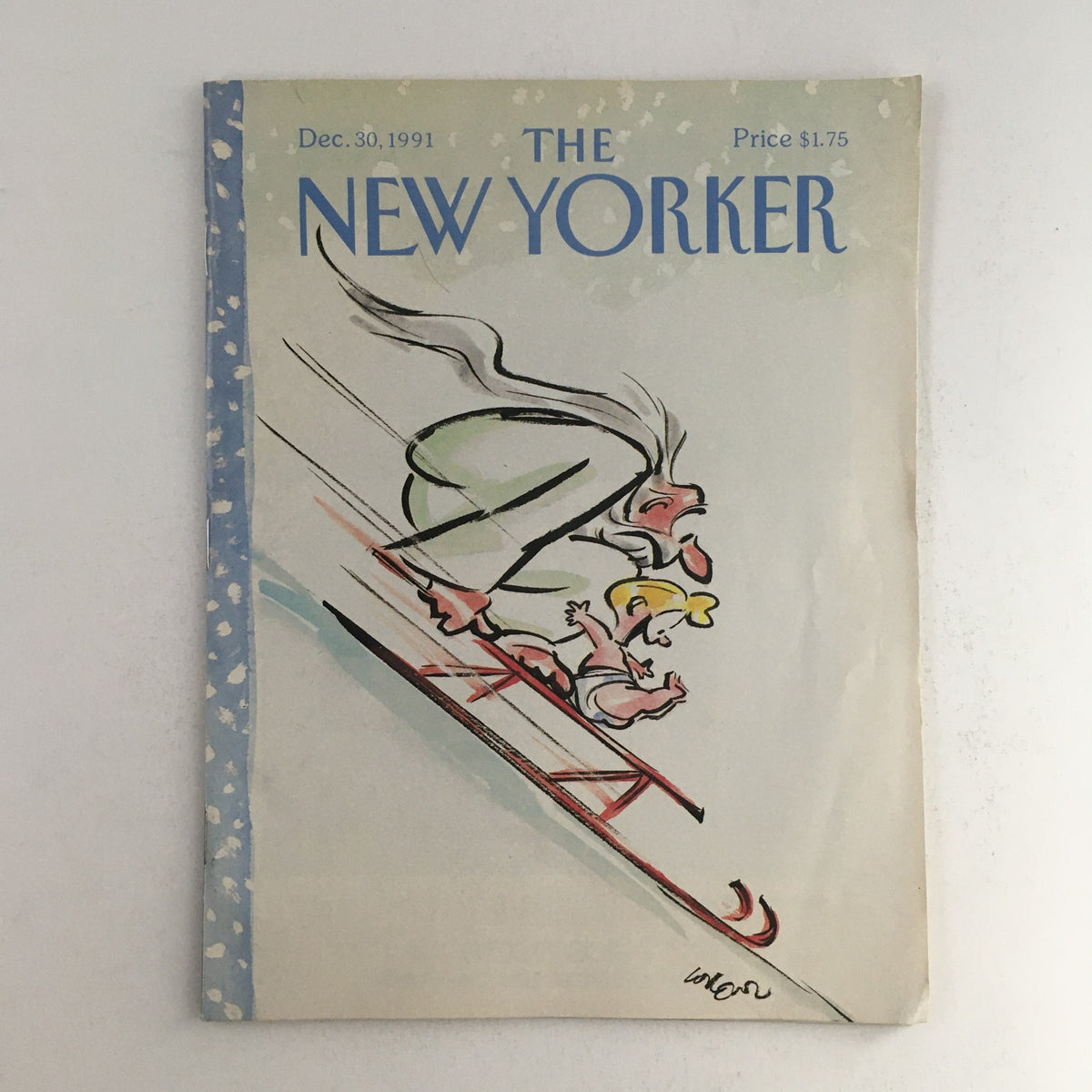Cover of The New Yorker December 30 1991, featuring a playful illustration by Lee Lorenz, depicting a character sledding with a child, showcasing the charm and style of early '90s magazine art.