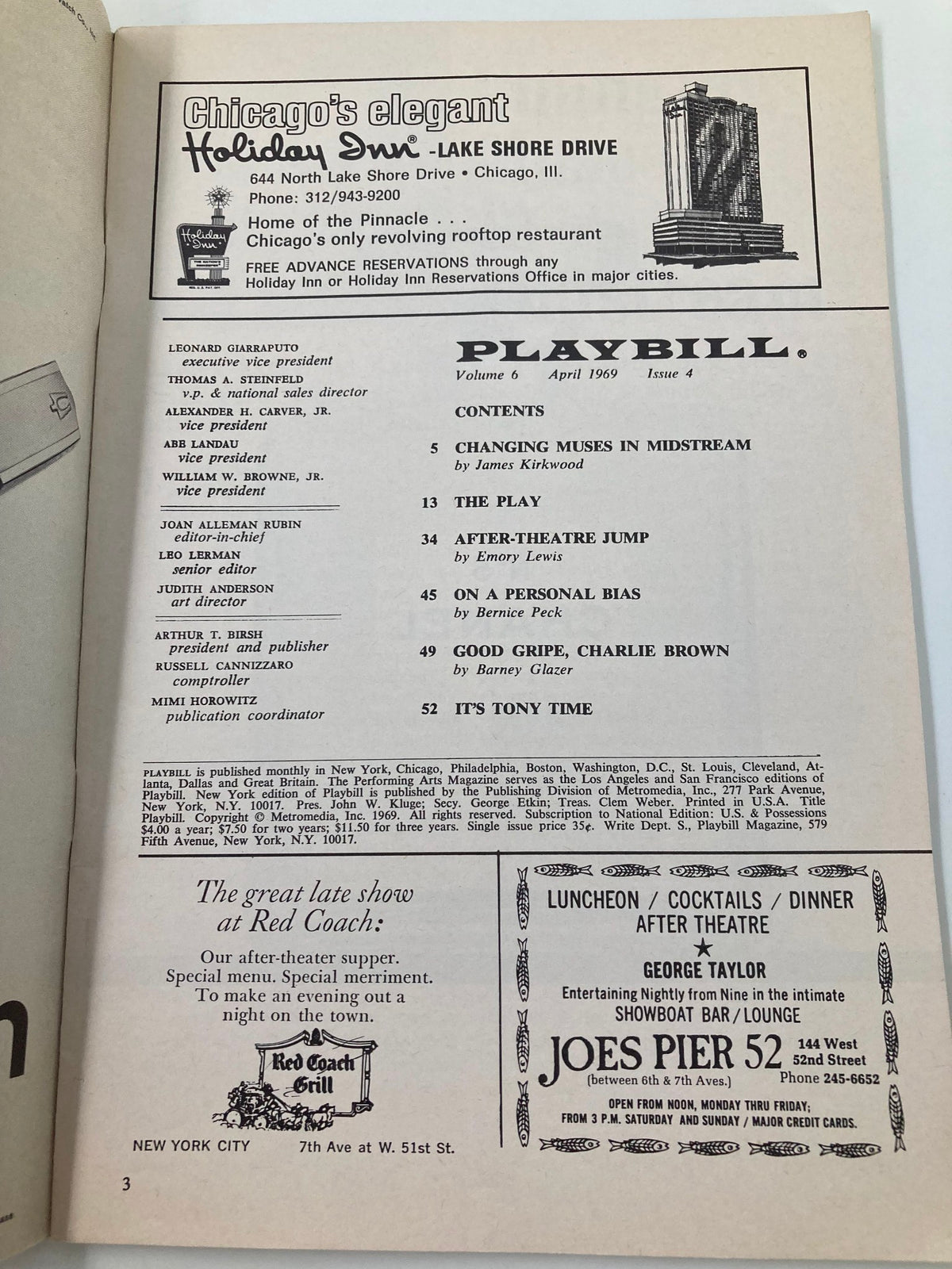 Inside page of 1969 Playbill for Promises, Promises showcasing theatre program details and advertisements.