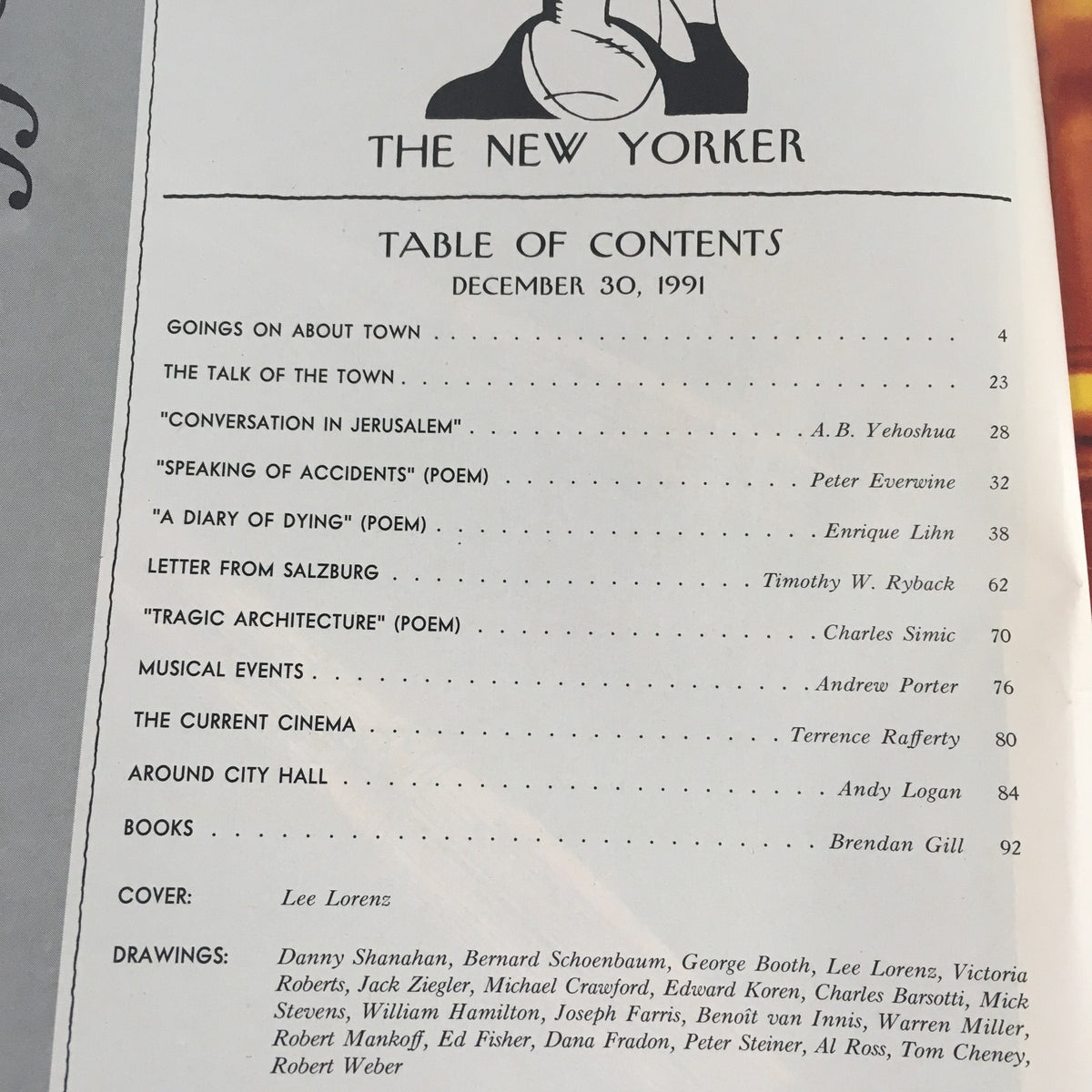 The New Yorker December 30 1991 Full Magazine Theme Cover featuring Table of Contents with articles and illustrations by various contributors including Lee Lorenz.