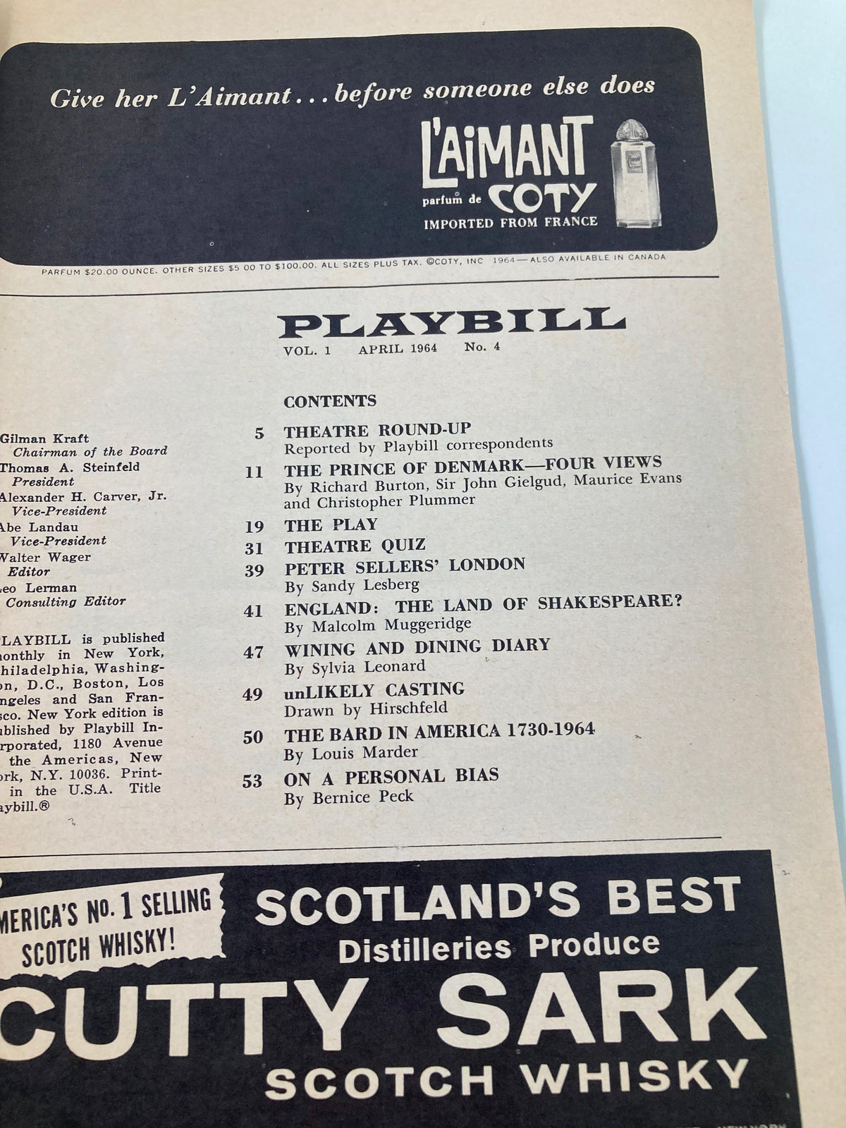 Inside page of the 1964 Playbill for Hamlet at Lunt-Fontanne Theatre, detailing various contents including theatre round-up and profiles of Richard Burton and the play.