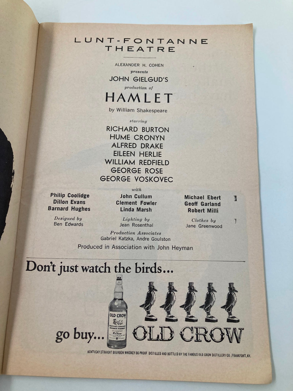 1964 Playbill for the production of 'Hamlet' at Lunt-Fontanne Theatre starring Richard Burton and Hume Cronyn, featuring cast details including Alfred Drake, Eileen Herlie, and production credits.