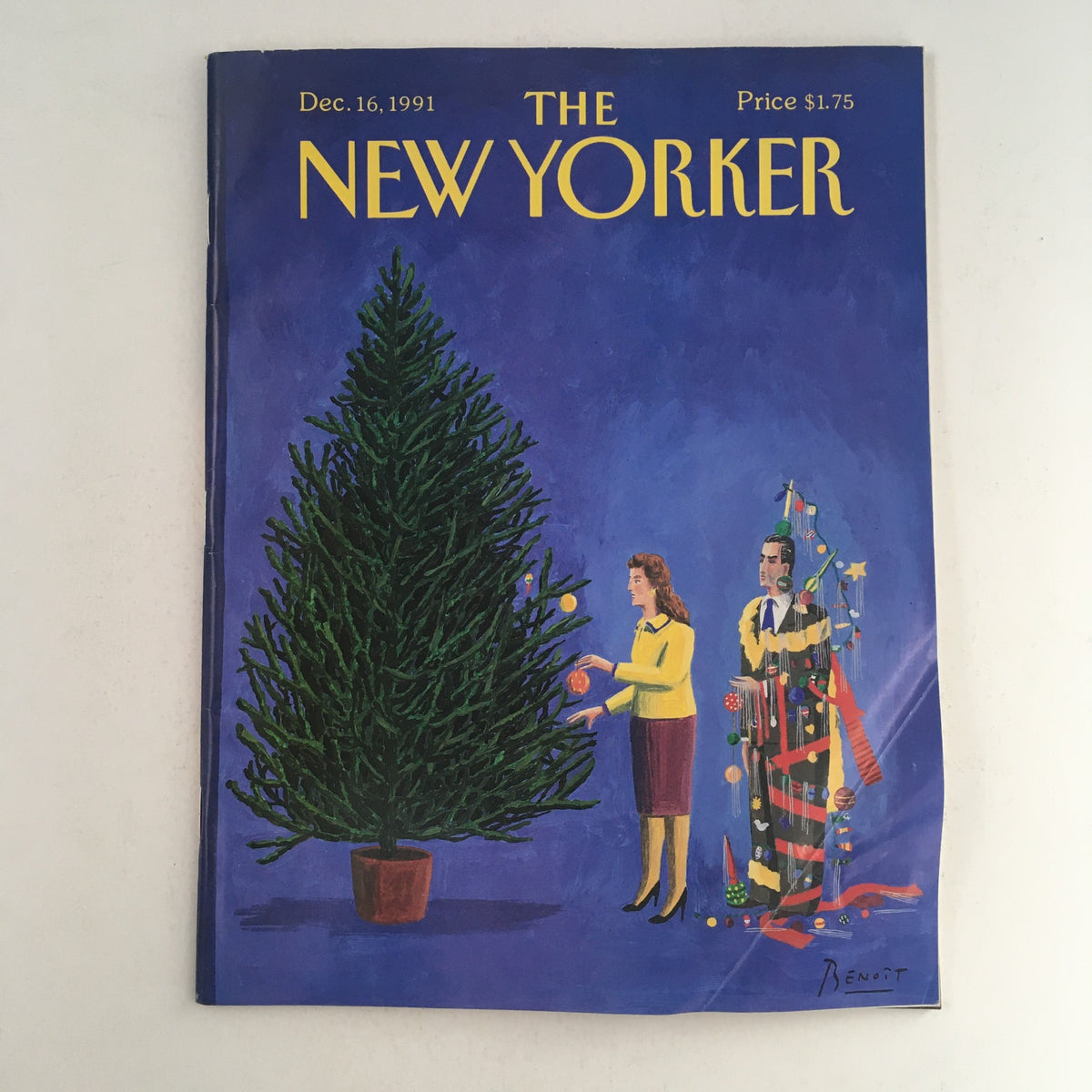 The New Yorker December 16 1991 Full Magazine Theme Cover by Benoit van Innis, featuring a decorated Christmas tree and characters in holiday attire on a vibrant blue background.
