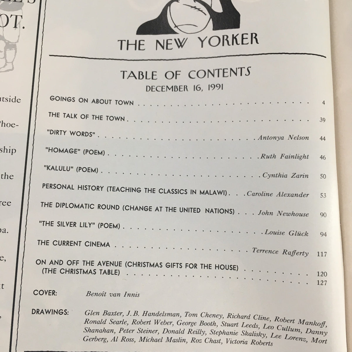 Table of Contents for The New Yorker December 16 1991 edition, displaying article titles and the cover artist Benoît van Innis within the magazine.