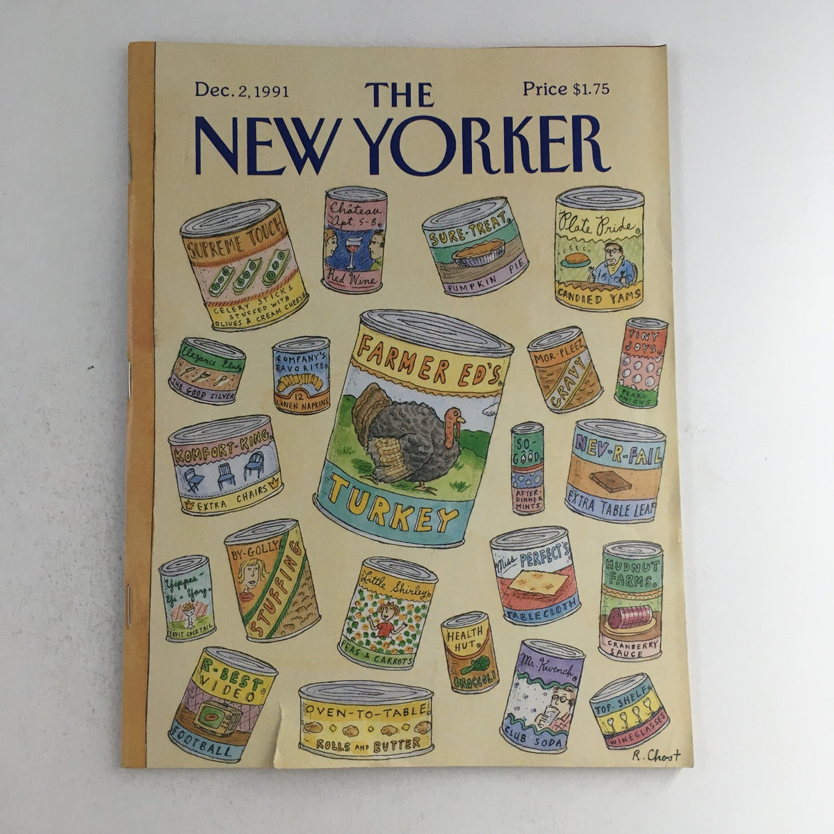 The New Yorker December 2 1991 Full Magazine Theme Cover by Roz Chast featuring whimsical illustrations of canned food items, including 'Farmer Ed's Turkey' and other humorous can labels.