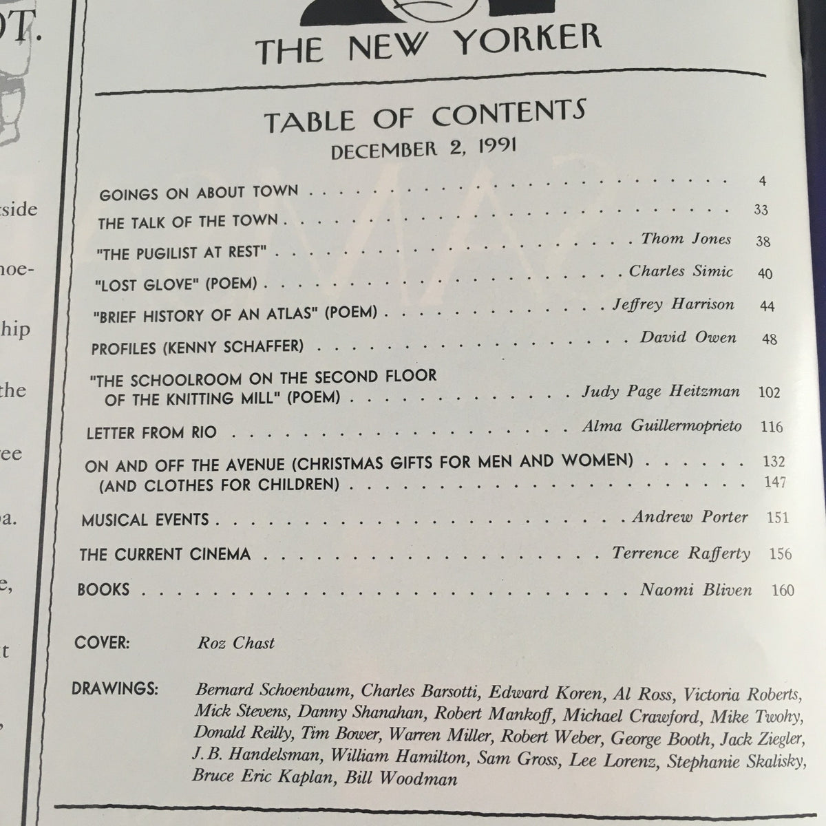 Table of contents of The New Yorker December 2 1991 showcasing various articles and illustrations, with the cover by Roz Chast highlighted.