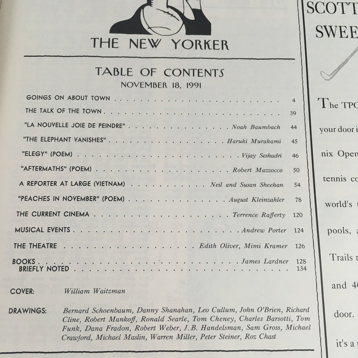 Table of Contents from The New Yorker November 18 1991, listing articles and poems, showcasing contributions by various authors, including cover design by William Waitzman.