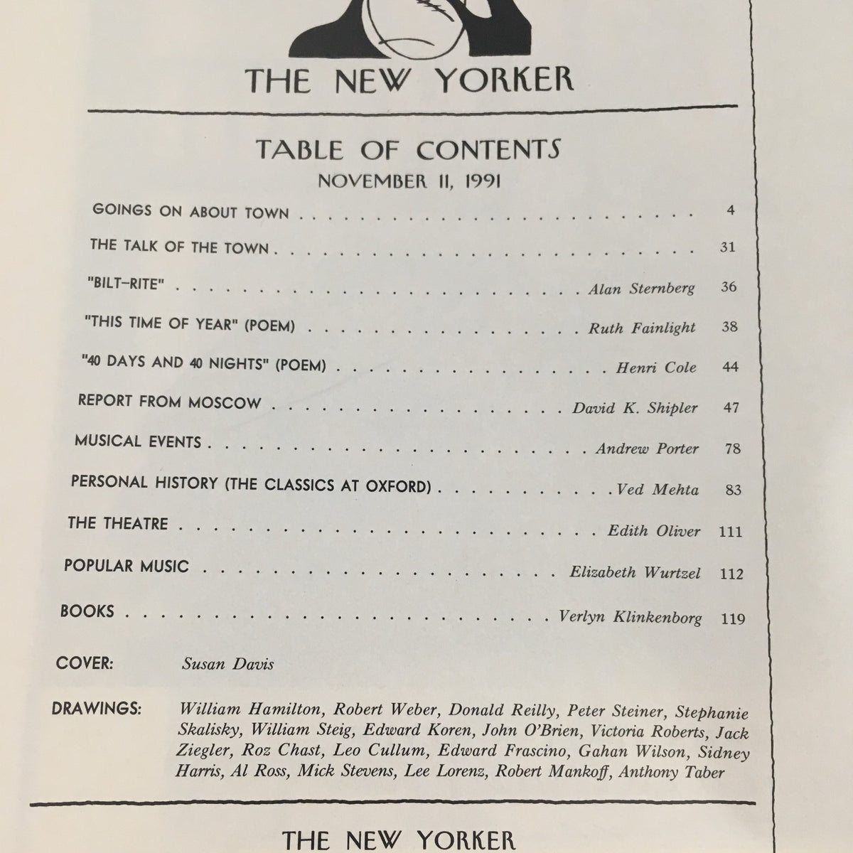 Table of contents page from The New Yorker November 11 1991 magazine, listing articles and features, with cover art crediting Susan Davis.